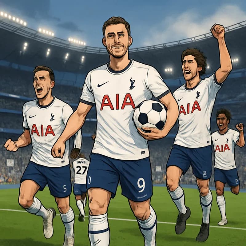 A vibrant scene at Tottenham Hotspur's stadium, featuring players in their white home kits celebrating a new signing. The green pitch is alive with excitement, and fans in the stands are waving flags
