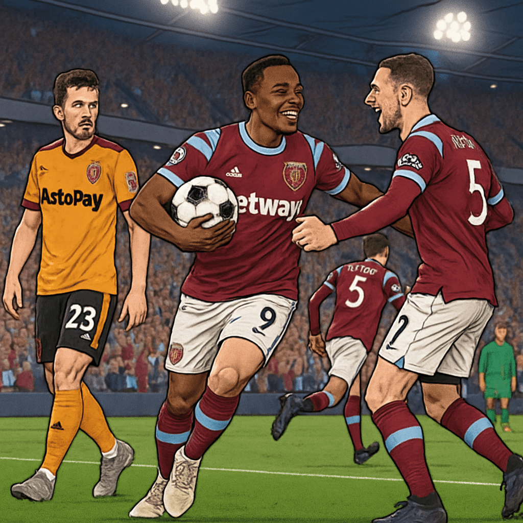 A vibrant scene from the London Stadium during West Ham's 4-0 victory over Wolves. The crowd is ecstatic, wearing claret and blue jerseys, while players celebrate with a round soccer ball on the green