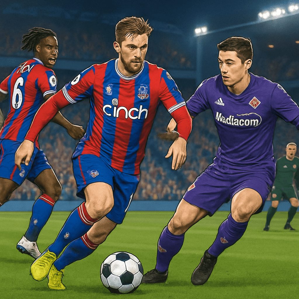 A vibrant scene at Selhurst Park with Crystal Palace's blue and red striped jerseys on display as fans cheer. The pitch is lush green, and players are warming up for the Conference League match agains