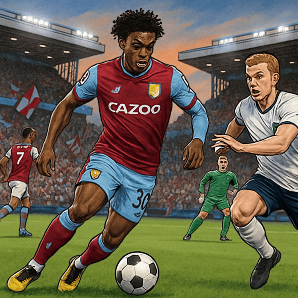 A vibrant scene at Villa Park with Morgan Rogers in Aston Villa's claret and blue kit, dribbling the ball on a lush green pitch. Excited fans in the stands wave flags, creating a lively atmosphere as