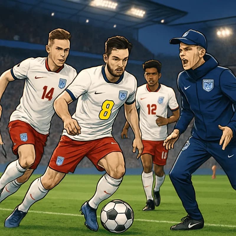 A dynamic scene at Kansas City Stadium during an England training session, with players in the iconic white and red kits. The atmosphere is electric, with fans anticipating a new tactical era under co