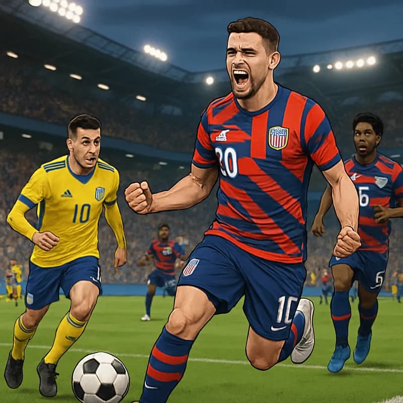 A vibrant scene at a packed stadium during the USMNT's World Cup match against Bosnia and Herzegovina, featuring players in the US national team's red, white, and blue kits, celebrating a goal with a