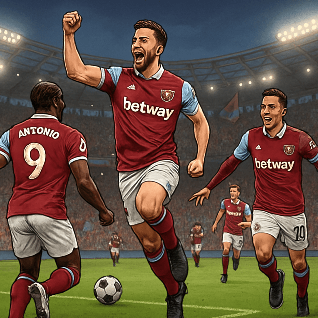 A vibrant scene at the London Stadium with West Ham players in claret and blue kits celebrating a goal. The crowd is electric, waving flags, with a green pitch in the background and a soccer ball in p