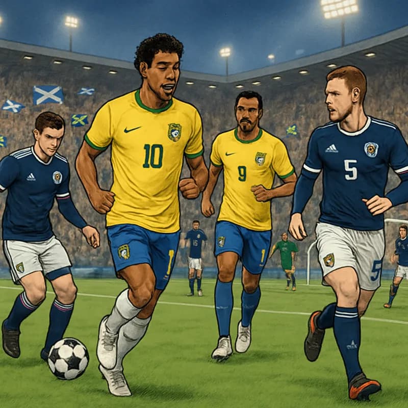 A vibrant scene at a soccer stadium with fans in Scotland and Brazil jerseys, cheering passionately. The green pitch is marked with lines, and the atmosphere is electric as players warm up before a Wo