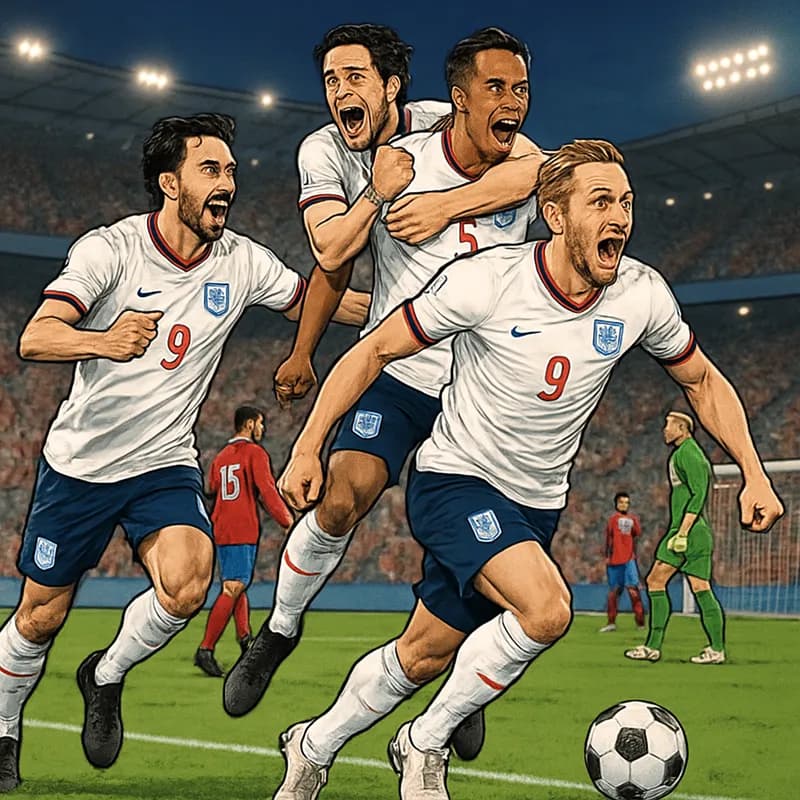 A vibrant soccer scene depicting England's players in their traditional white jerseys with red accents, on a green pitch, celebrating a goal against Costa Rica, with excited fans in the background and