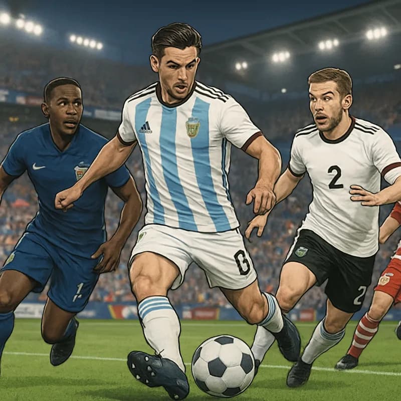 A vibrant stadium packed with fans in national colors, celebrating a goal during a World Cup 2026 match. The pitch is lush green, and teams are wearing their jerseys: Argentina in sky blue and white s