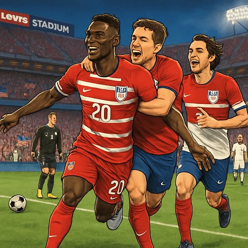 A vibrant scene inside Levi's Stadium, showcasing the USA in their red and white kits celebrating Balogun's goal, with fans in the stands waving flags and cheering. The atmosphere is electric, with a